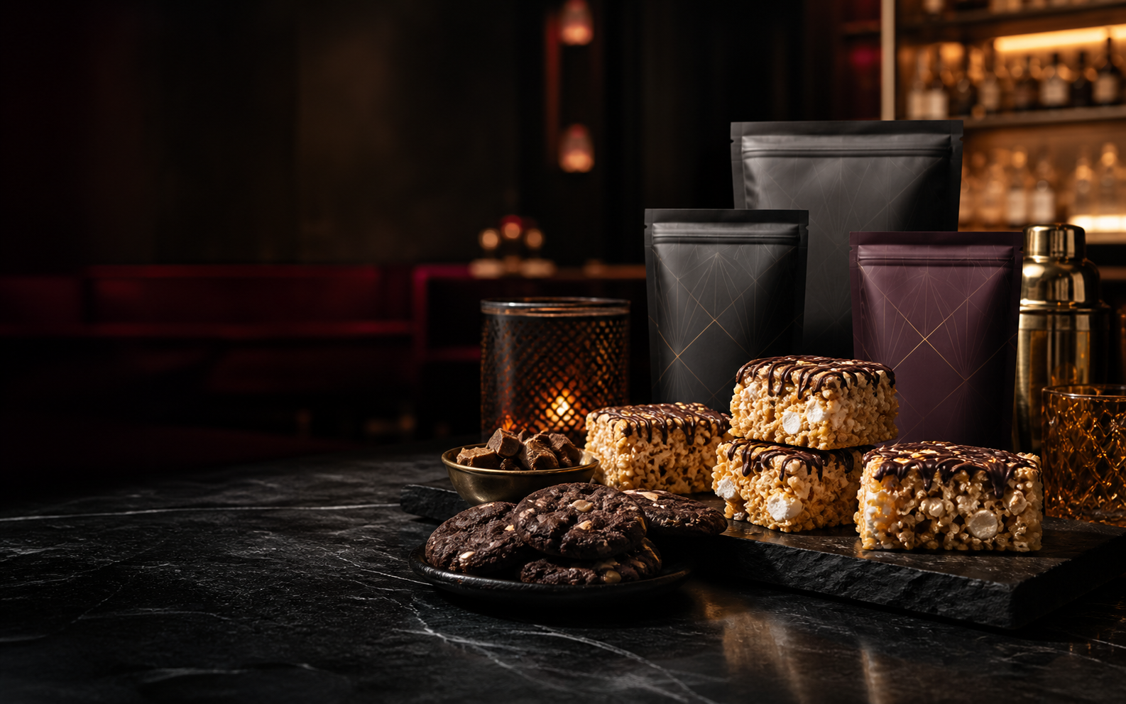 Premium cookies and cereal treats arranged on a dark event bar